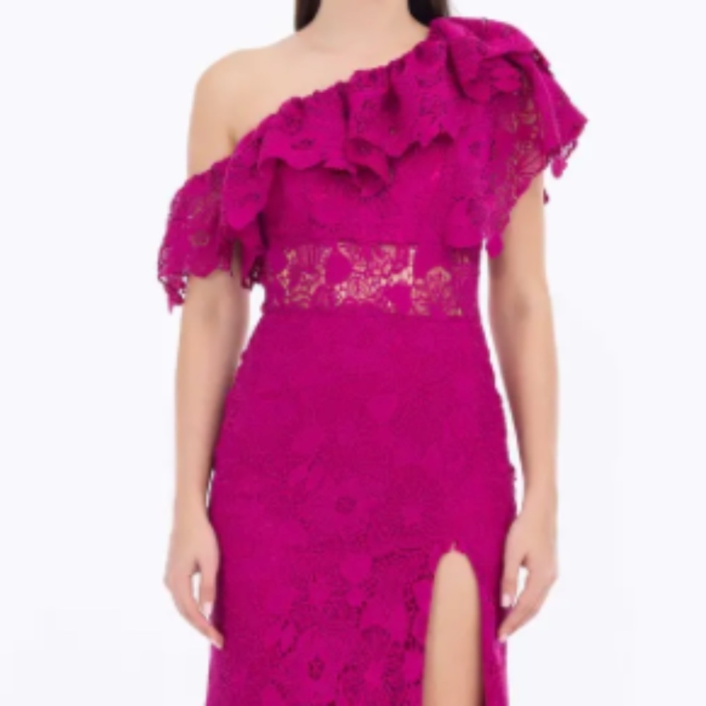 SLIT ASYMMETRICAL COLLAR ONE-SHOULDER LACE EVENING DRESS